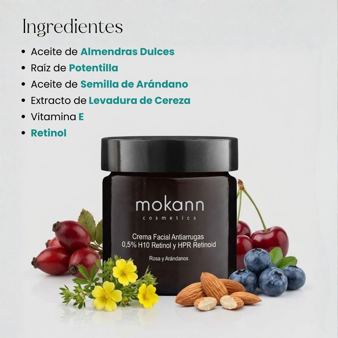 Crema Facial Antiarrugas 0,5% H10 Retinol &amp; HPR Retinoid con Rosa y Arándano