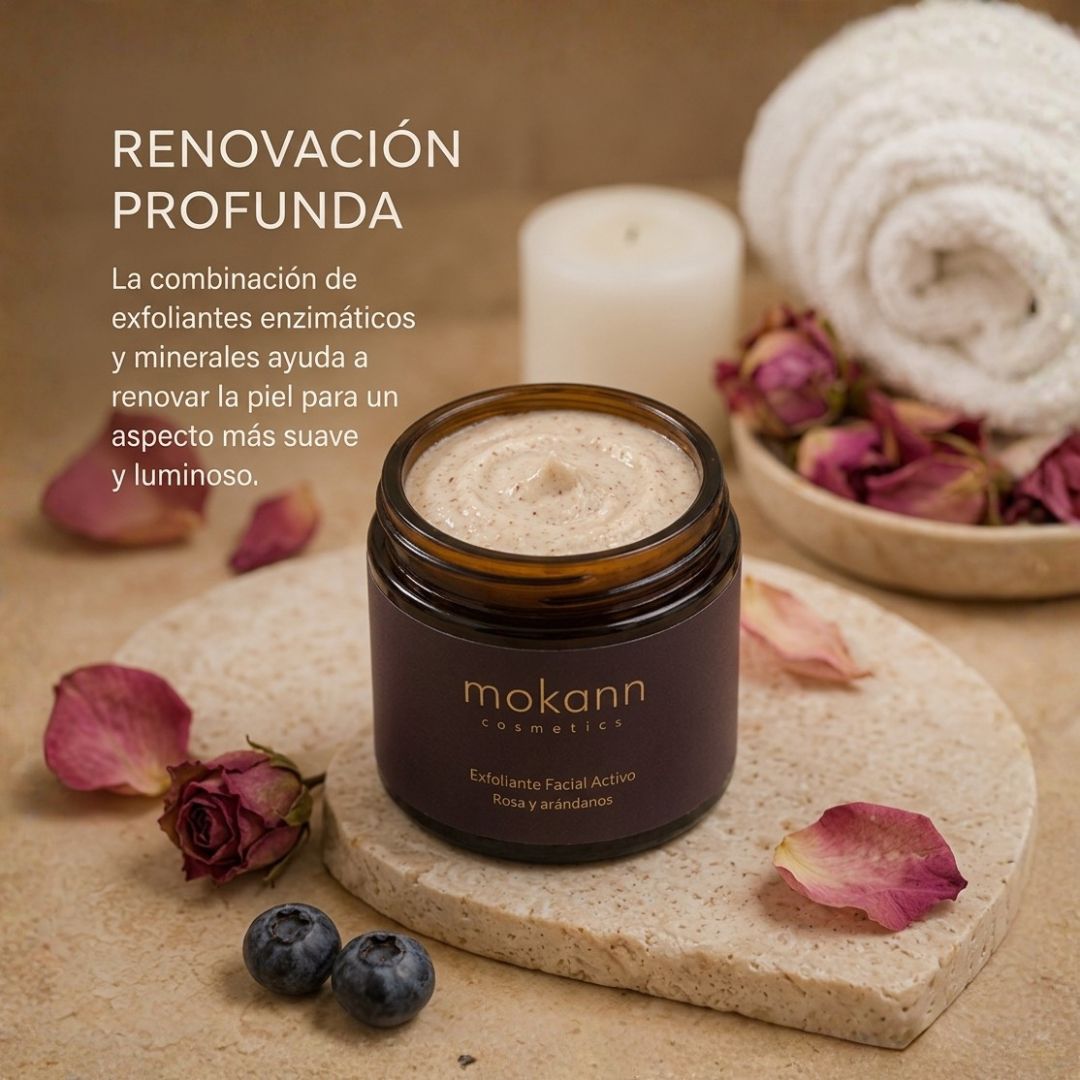 Exfoliante facial activo de rosas y arándanos.