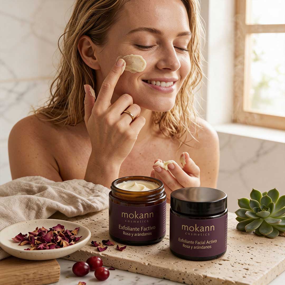 Exfoliante facial activo de rosas y arándanos.